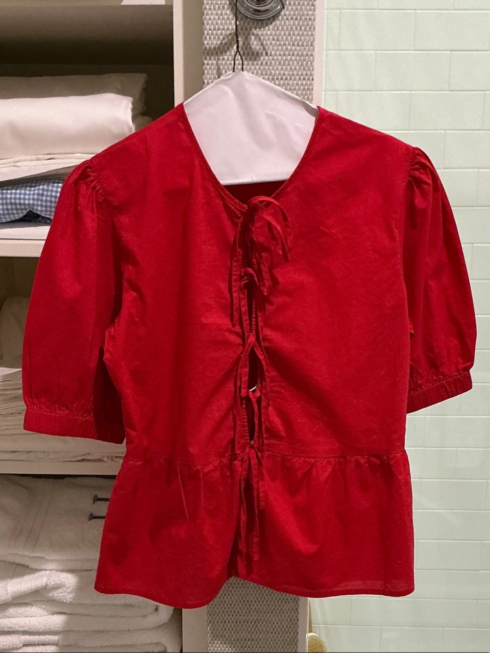 Red Tie-Front Peplum Top